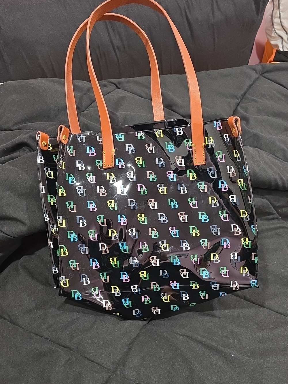 Dooney & Bourke Black Patent Tote with Multicolor DB Logo and Tan Handles
